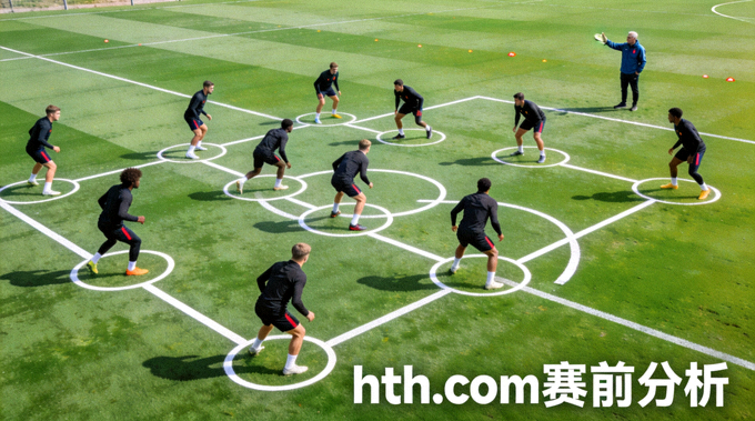 球员在训练场上进行战术跑位演练，用于展示 hth.com 赛前分析内容