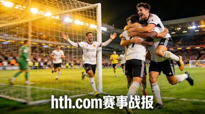 足球运动员在进球后与队友庆祝，用于展示 hth.com 赛事战报内容